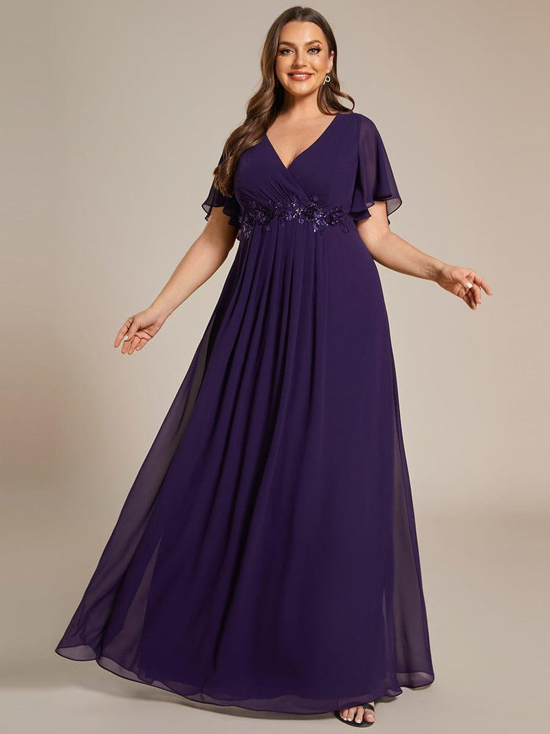 pretty IVYROSE|Plus Size Floral Applique Short Sleeve A-Line Chiffon Formal Evening Dress