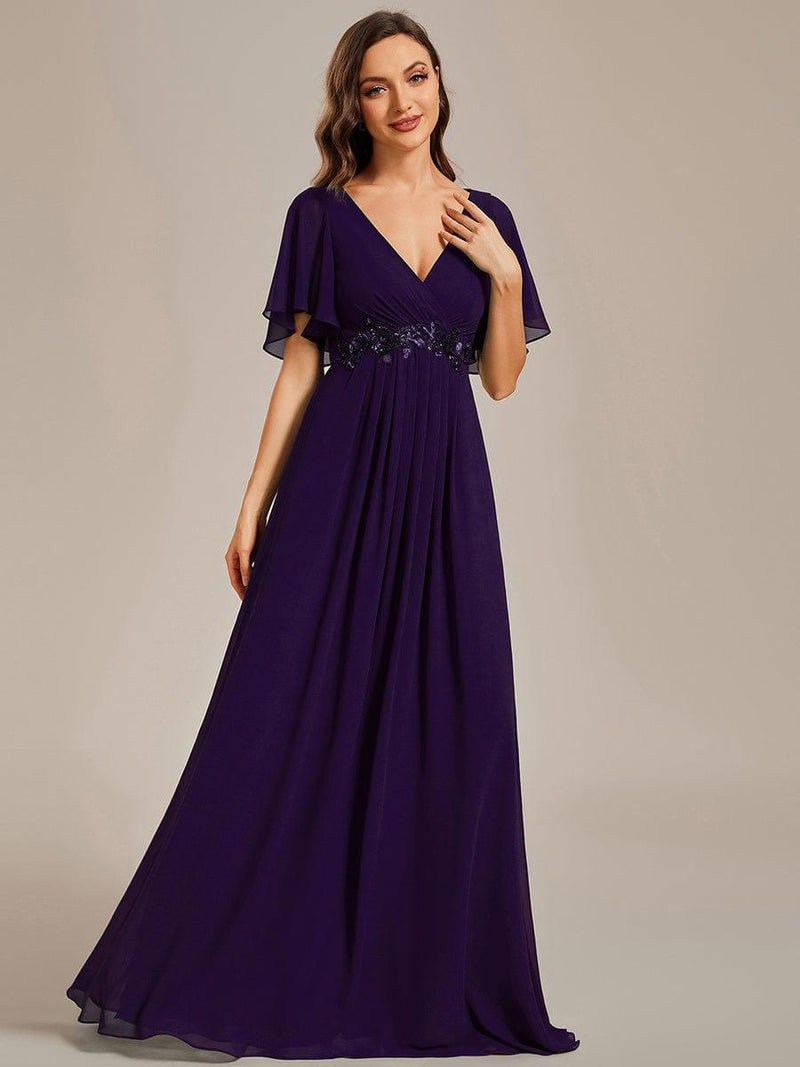 ever IVYROSE|Ruffles Sleeve A-Line Chiffon Waist Applique Maxi Formal Evening Dress