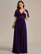 ever IVYROSE|Ruffles Sleeve A-Line Chiffon Waist Applique Maxi Formal Evening Dress