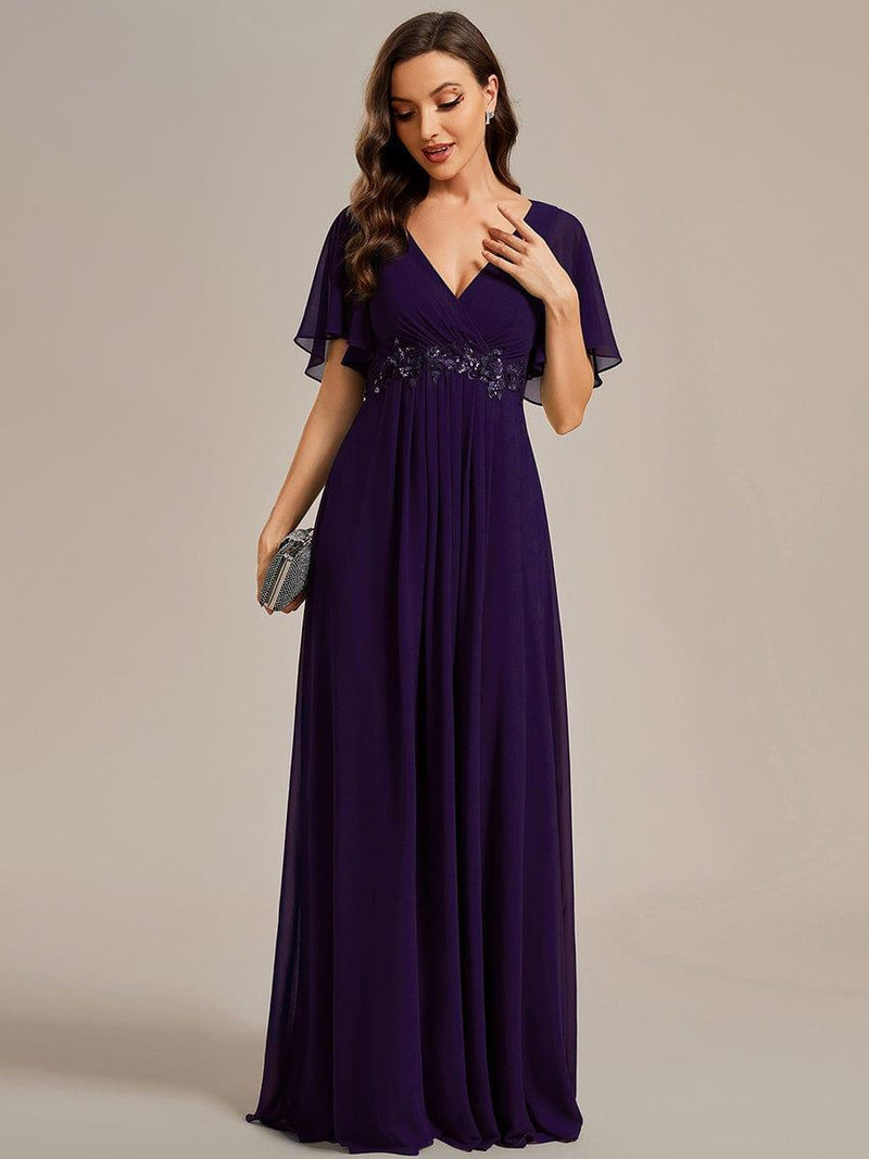 ever IVYROSE|Ruffles Sleeve A-Line Chiffon Waist Applique Maxi Formal Evening Dress