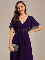 ever IVYROSE|Ruffles Sleeve A-Line Chiffon Waist Applique Maxi Formal Evening Dress