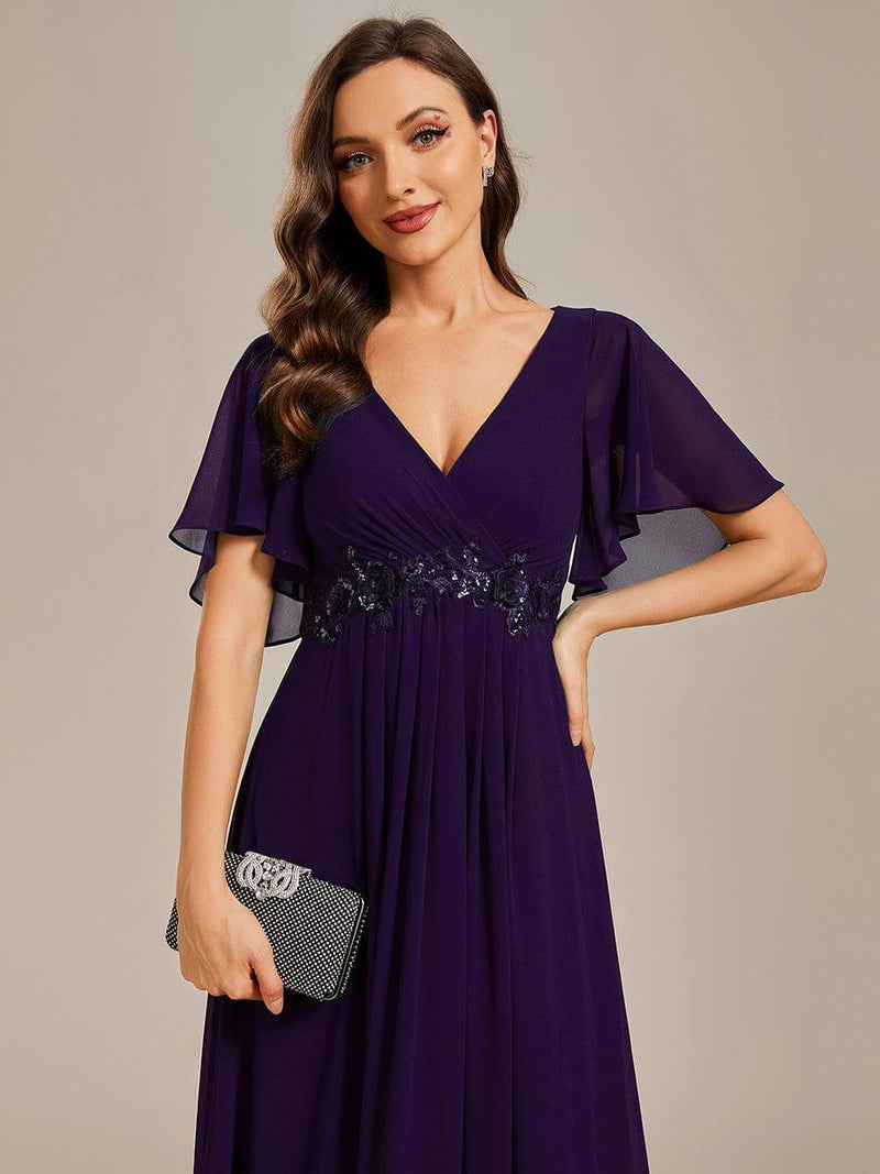ever IVYROSE|Ruffles Sleeve A-Line Chiffon Waist Applique Maxi Formal Evening Dress