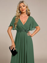 ever IVYROSE|Ruffles Sleeve A-Line Chiffon Waist Applique Maxi Formal Evening Dress