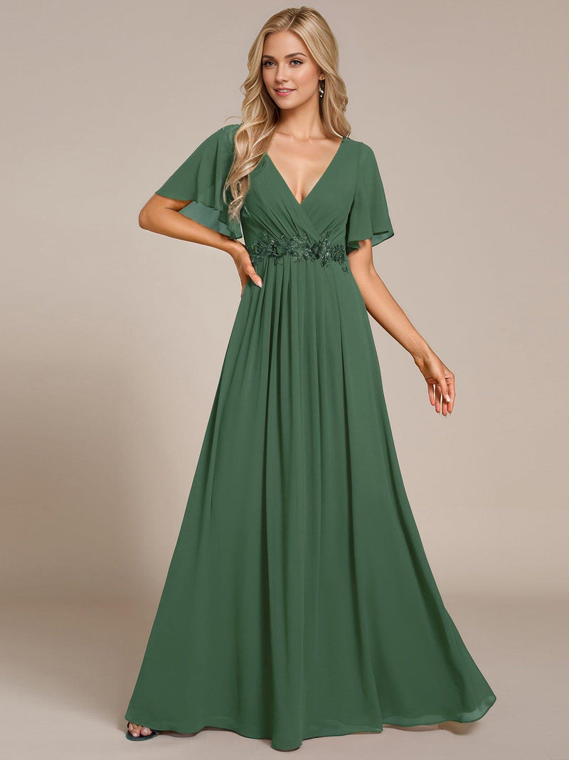 ever IVYROSE|Ruffles Sleeve A-Line Chiffon Waist Applique Maxi Formal Evening Dress