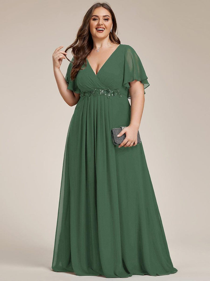 ever IVYROSE|Ruffles Sleeve A-Line Chiffon Waist Applique Maxi Formal Evening Dress