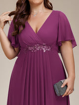 pretty IVYROSE|Plus Size Floral Applique Short Sleeve A-Line Chiffon Formal Evening Dress