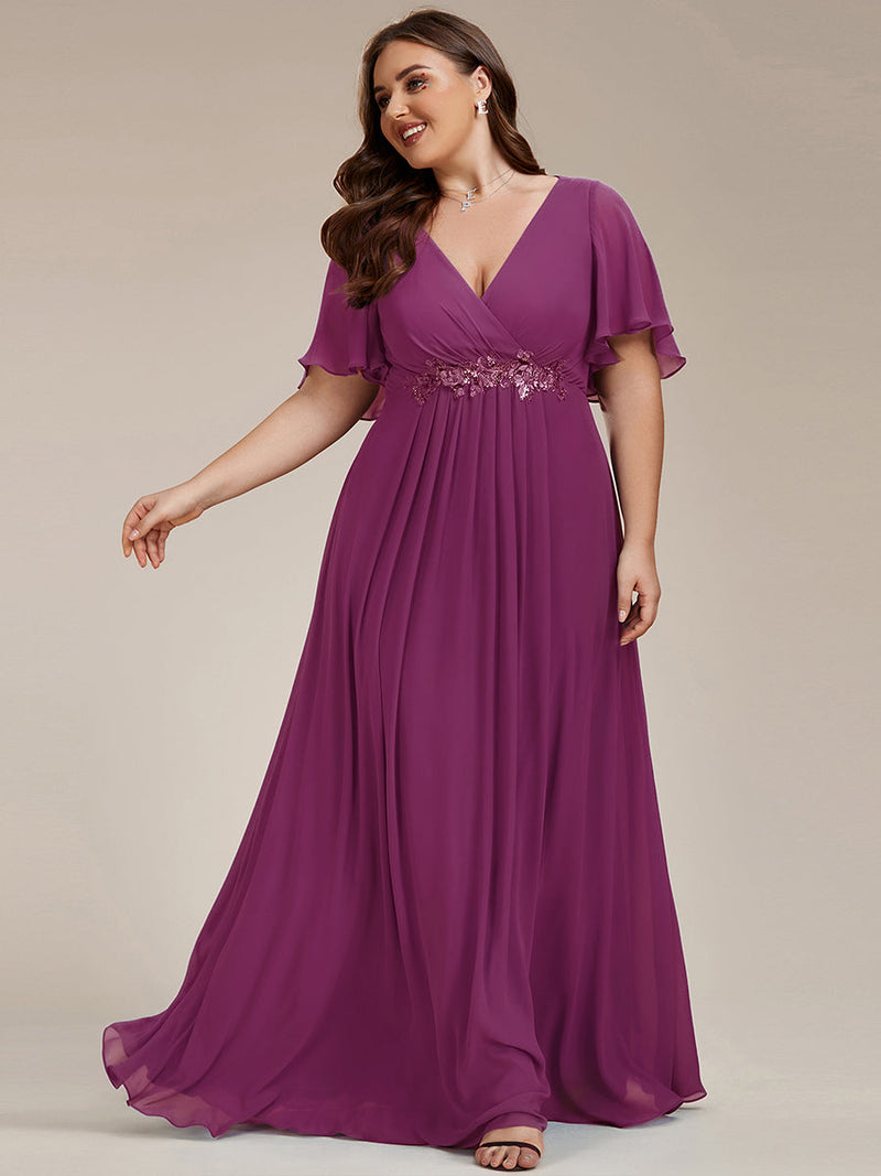 ever IVYROSE|Ruffles Sleeve A-Line Chiffon Waist Applique Maxi Formal Evening Dress