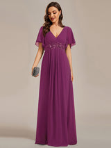ever IVYROSE|Ruffles Sleeve A-Line Chiffon Waist Applique Maxi Formal Evening Dress