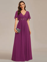 ever IVYROSE|Ruffles Sleeve A-Line Chiffon Waist Applique Maxi Formal Evening Dress
