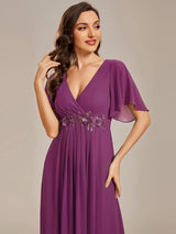 ever IVYROSE|Ruffles Sleeve A-Line Chiffon Waist Applique Maxi Formal Evening Dress