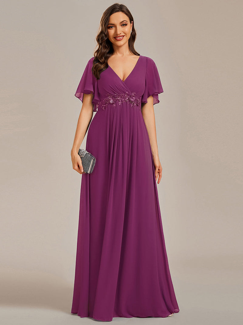 ever IVYROSE|Ruffles Sleeve A-Line Chiffon Waist Applique Maxi Formal Evening Dress