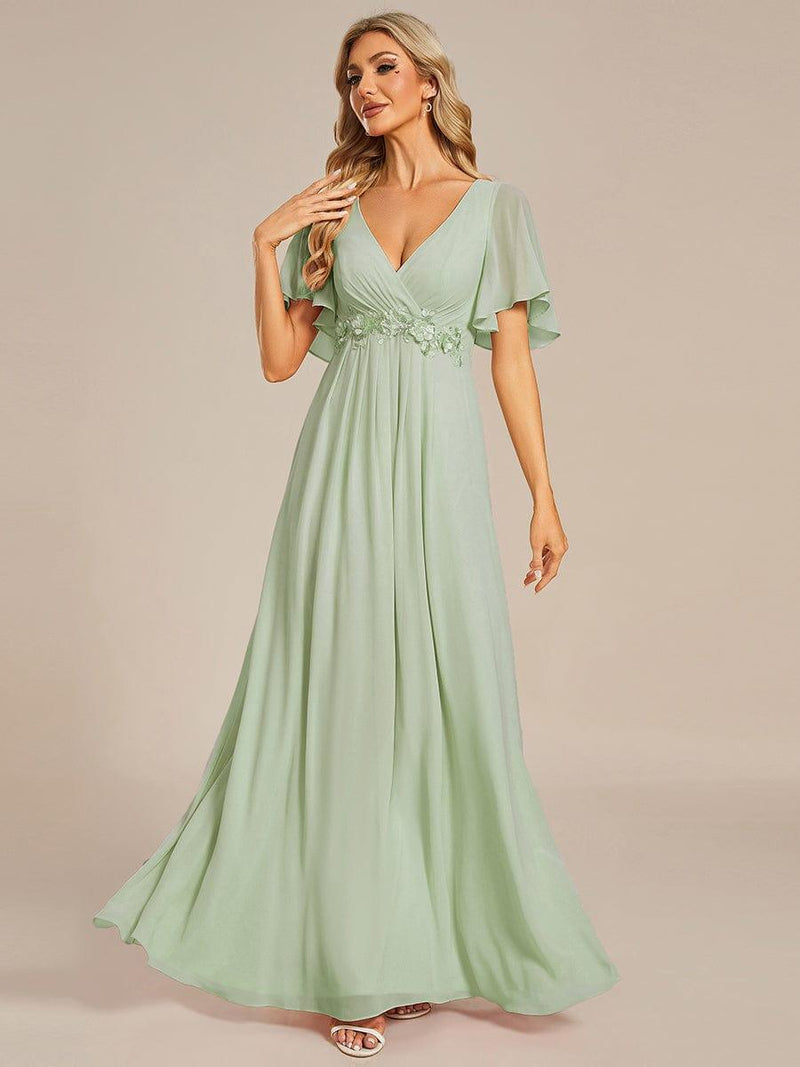 ever IVYROSE|Ruffles Sleeve A-Line Chiffon Waist Applique Maxi Formal Evening Dress