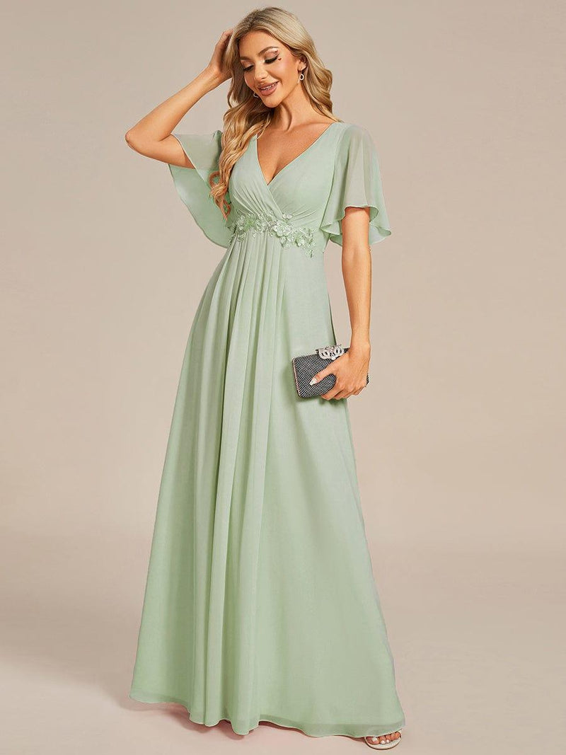 ever IVYROSE|Ruffles Sleeve A-Line Chiffon Waist Applique Maxi Formal Evening Dress