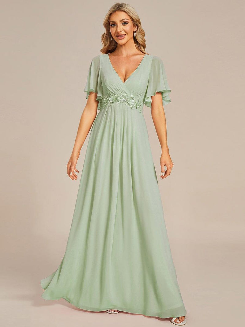 ever IVYROSE|Ruffles Sleeve A-Line Chiffon Waist Applique Maxi Formal Evening Dress