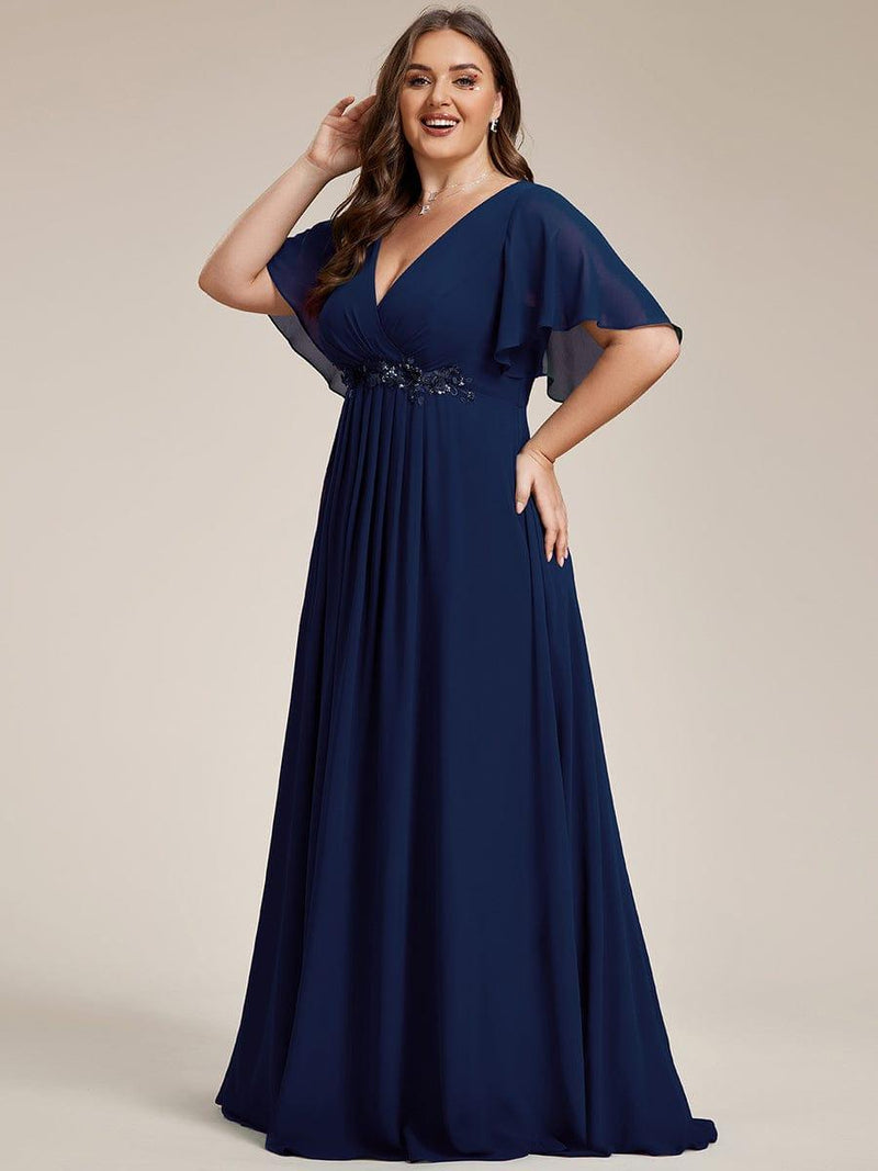 ever IVYROSE|Ruffles Sleeve A-Line Chiffon Waist Applique Maxi Formal Evening Dress