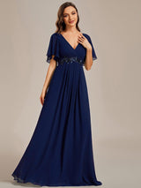 ever IVYROSE|Ruffles Sleeve A-Line Chiffon Waist Applique Maxi Formal Evening Dress