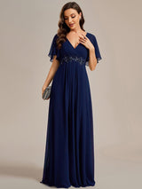ever IVYROSE|Ruffles Sleeve A-Line Chiffon Waist Applique Maxi Formal Evening Dress