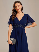 ever IVYROSE|Ruffles Sleeve A-Line Chiffon Waist Applique Maxi Formal Evening Dress