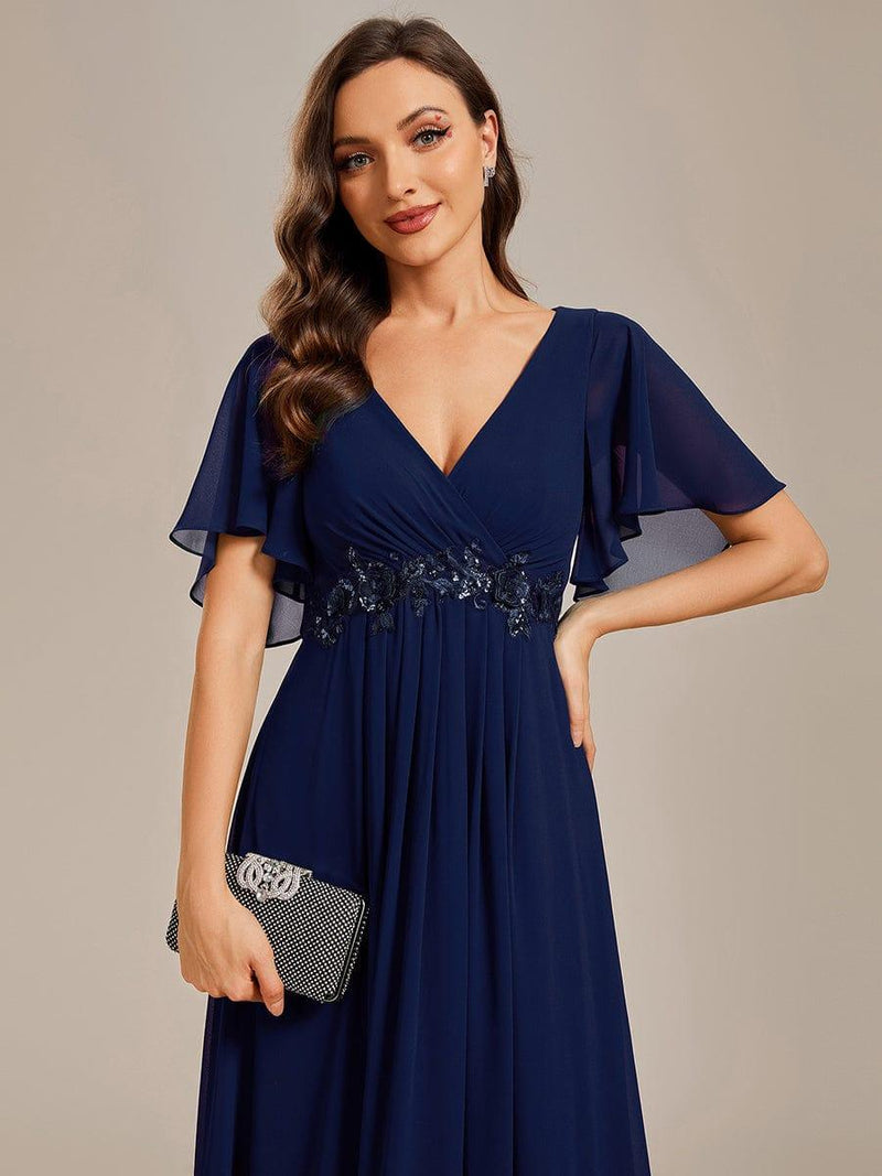 ever IVYROSE|Ruffles Sleeve A-Line Chiffon Waist Applique Maxi Formal Evening Dress