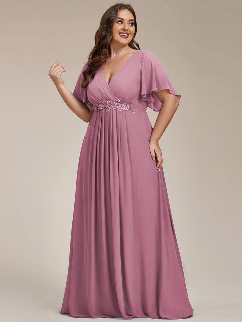 pretty IVYROSE|Plus Size Floral Applique Short Sleeve A-Line Chiffon Formal Evening Dress