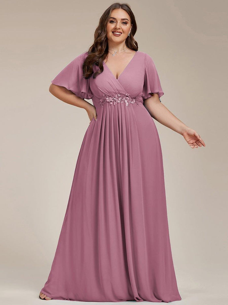 ever IVYROSE|Ruffles Sleeve A-Line Chiffon Waist Applique Maxi Formal Evening Dress