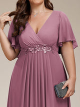 ever IVYROSE|Ruffles Sleeve A-Line Chiffon Waist Applique Maxi Formal Evening Dress