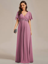 ever IVYROSE|Ruffles Sleeve A-Line Chiffon Waist Applique Maxi Formal Evening Dress