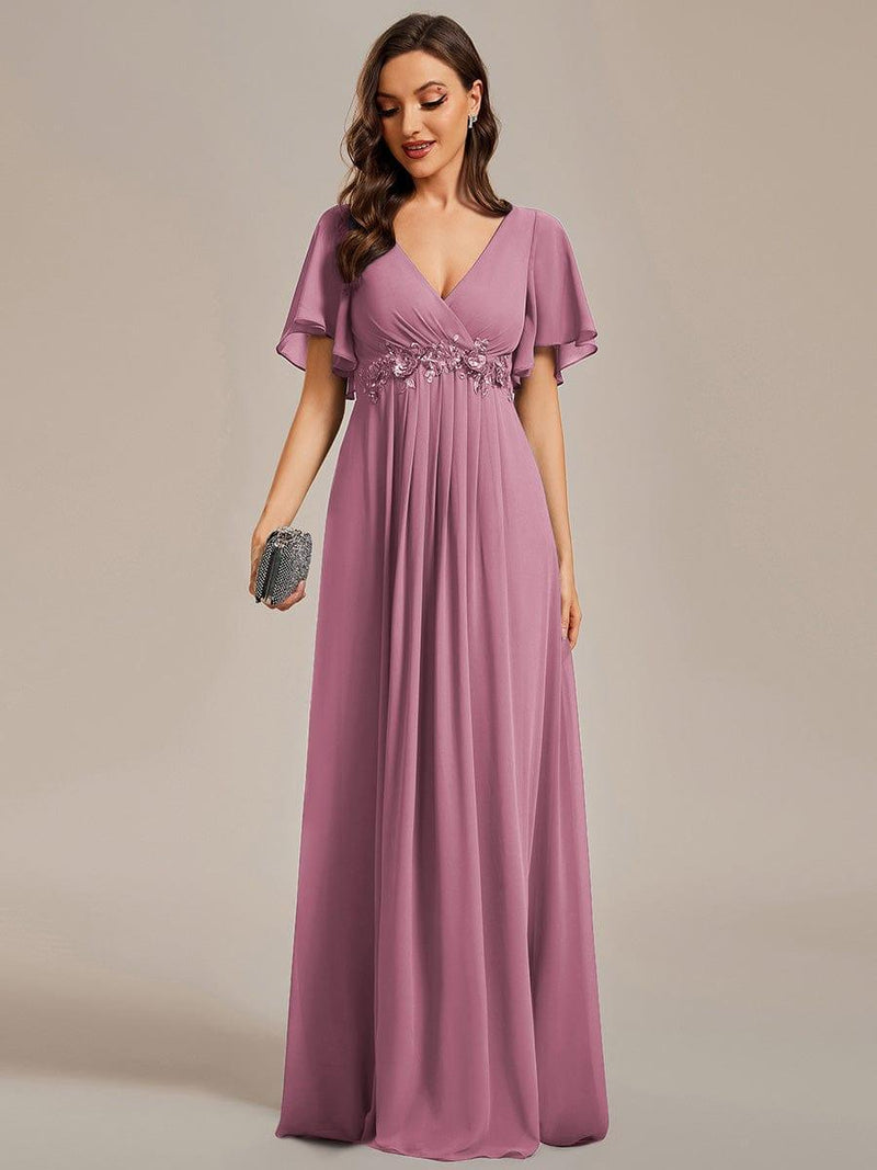 ever IVYROSE|Ruffles Sleeve A-Line Chiffon Waist Applique Maxi Formal Evening Dress