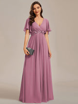 ever IVYROSE|Ruffles Sleeve A-Line Chiffon Waist Applique Maxi Formal Evening Dress