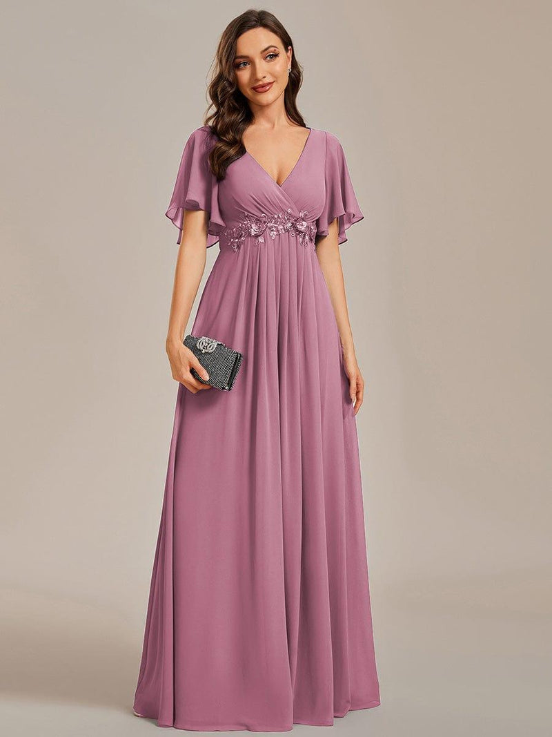 ever IVYROSE|Ruffles Sleeve A-Line Chiffon Waist Applique Maxi Formal Evening Dress