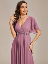 ever IVYROSE|Ruffles Sleeve A-Line Chiffon Waist Applique Maxi Formal Evening Dress