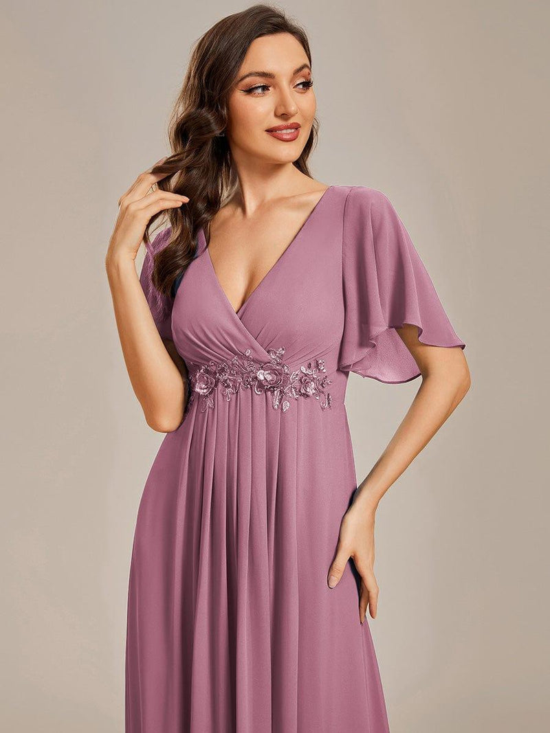 ever IVYROSE|Ruffles Sleeve A-Line Chiffon Waist Applique Maxi Formal Evening Dress