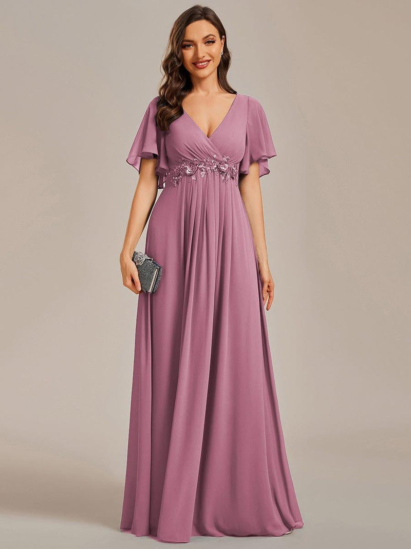 ever IVYROSE|Ruffles Sleeve A-Line Chiffon Waist Applique Maxi Formal Evening Dress