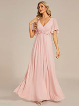 ever IVYROSE|Ruffles Sleeve A-Line Chiffon Waist Applique Maxi Formal Evening Dress