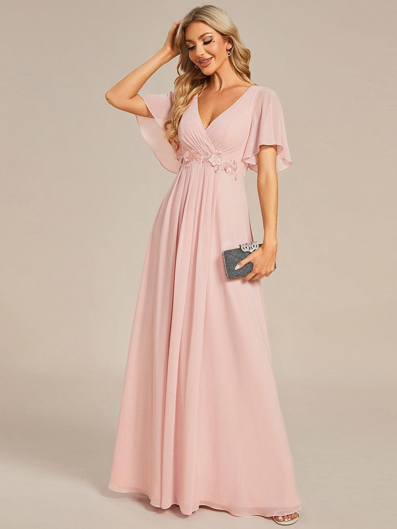 ever IVYROSE|Ruffles Sleeve A-Line Chiffon Waist Applique Maxi Formal Evening Dress