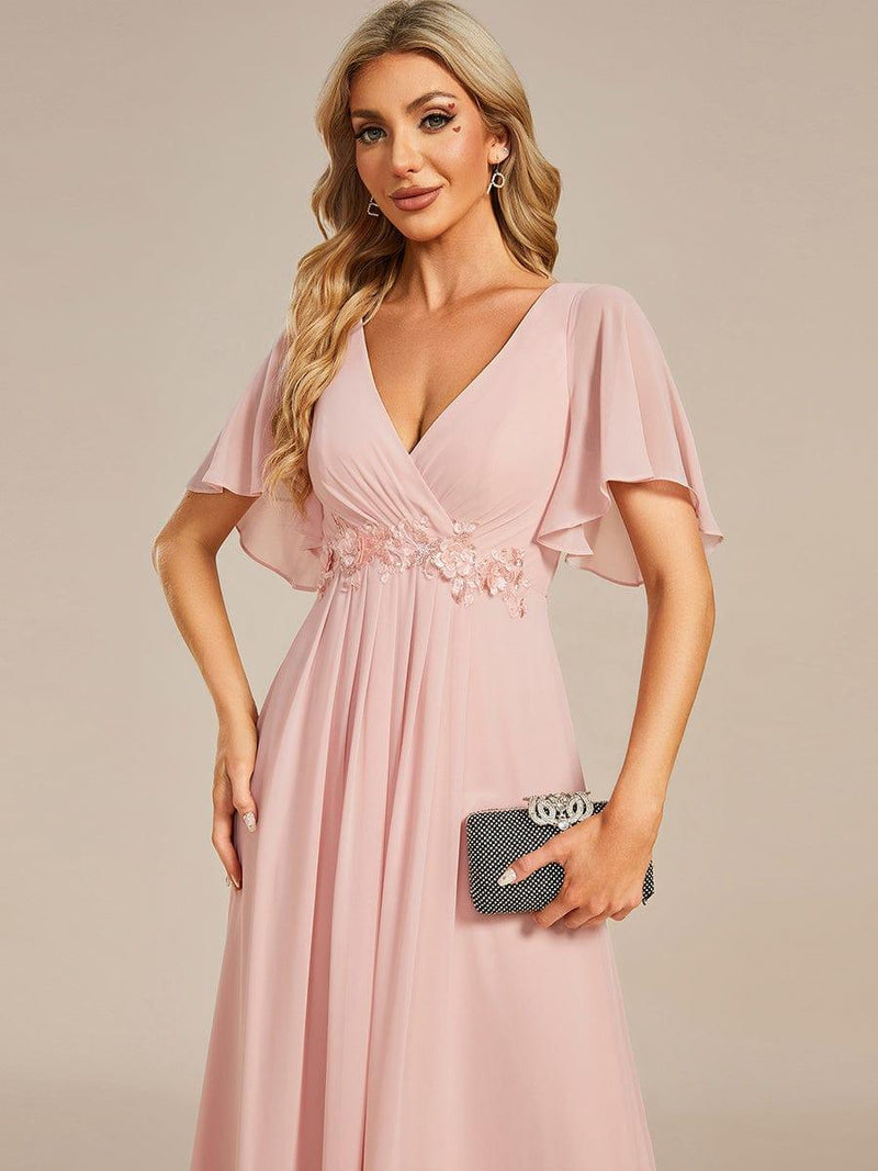 ever IVYROSE|Ruffles Sleeve A-Line Chiffon Waist Applique Maxi Formal Evening Dress