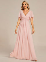 ever IVYROSE|Ruffles Sleeve A-Line Chiffon Waist Applique Maxi Formal Evening Dress