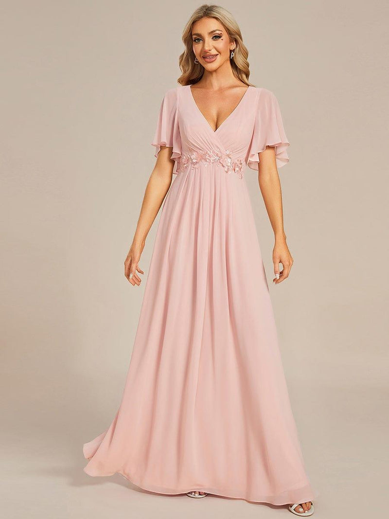 ever IVYROSE|Ruffles Sleeve A-Line Chiffon Waist Applique Maxi Formal Evening Dress