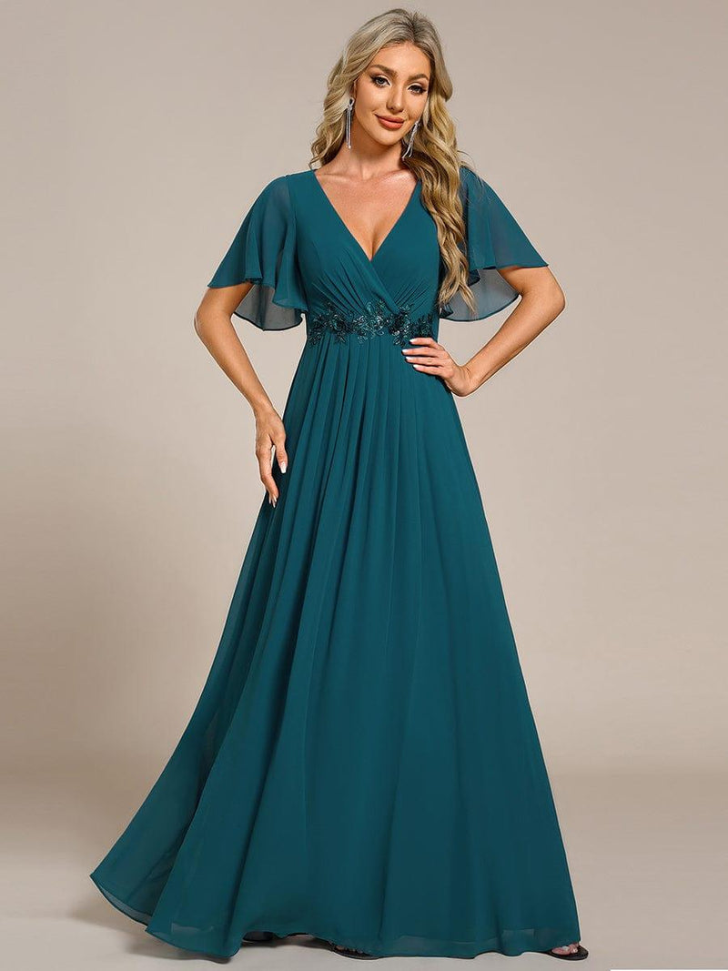 ever IVYROSE|Ruffles Sleeve A-Line Chiffon Waist Applique Maxi Formal Evening Dress