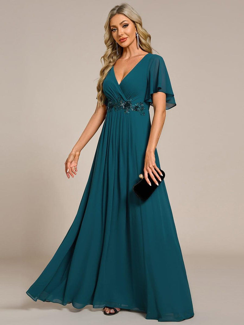 ever IVYROSE|Ruffles Sleeve A-Line Chiffon Waist Applique Maxi Formal Evening Dress