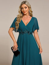ever IVYROSE|Ruffles Sleeve A-Line Chiffon Waist Applique Maxi Formal Evening Dress