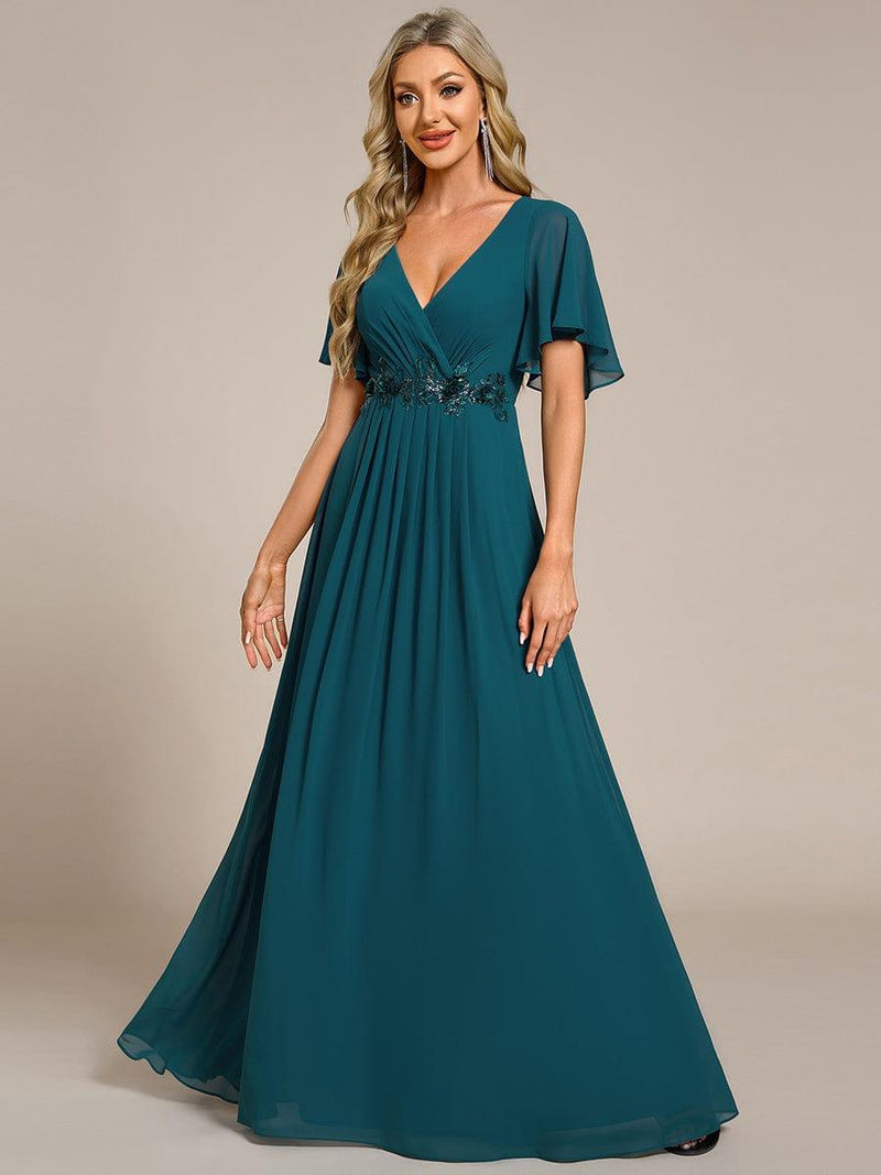 ever IVYROSE|Ruffles Sleeve A-Line Chiffon Waist Applique Maxi Formal Evening Dress