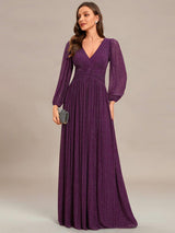 ever BRYM|Glittery Empire Waist Long Lantern Sleeves A-Line Evening Dress