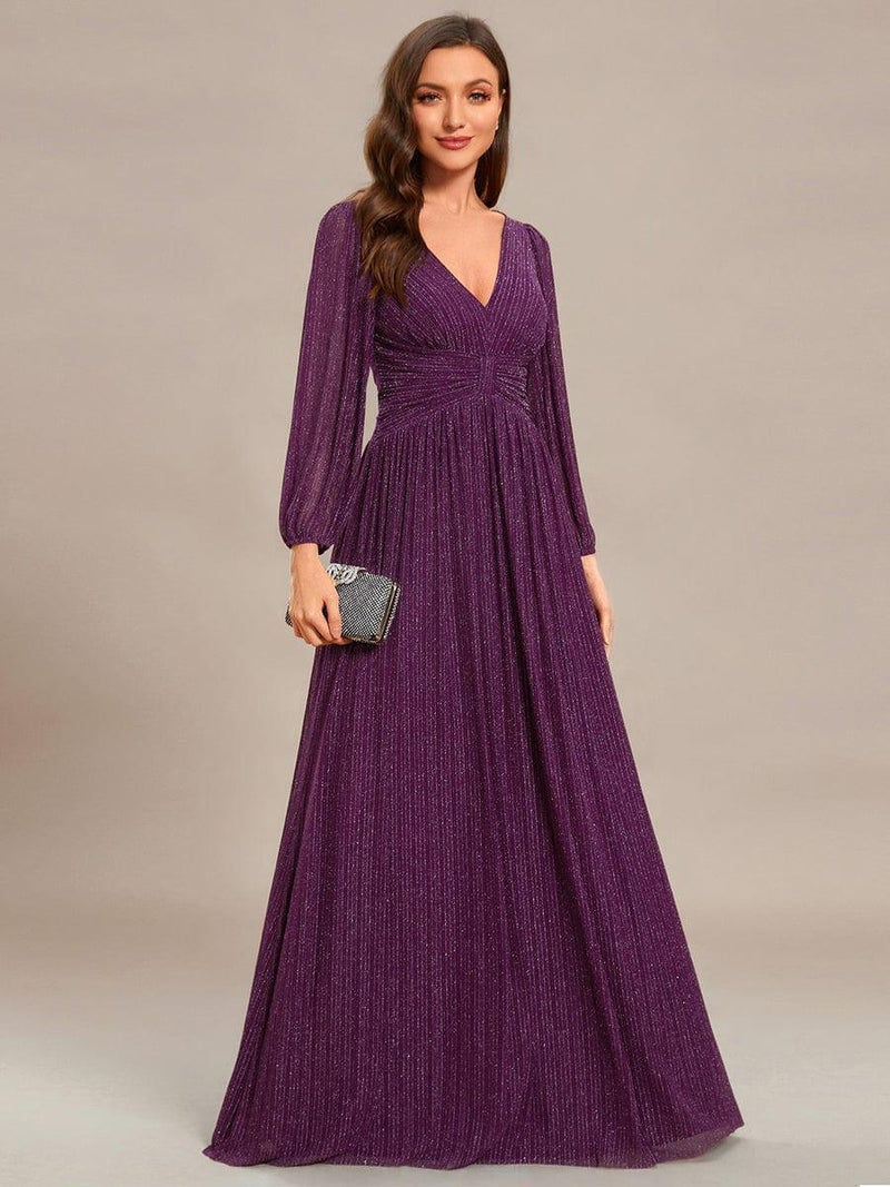 ever BRYM|Glittery Empire Waist Long Lantern Sleeves A-Line Evening Dress