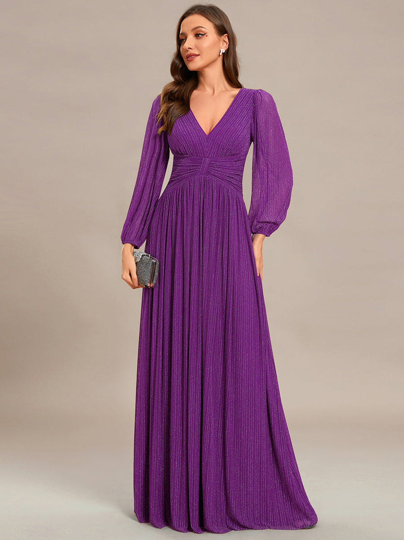 ever BRYM|Glittery Empire Waist Long Lantern Sleeves A-Line Evening Dress