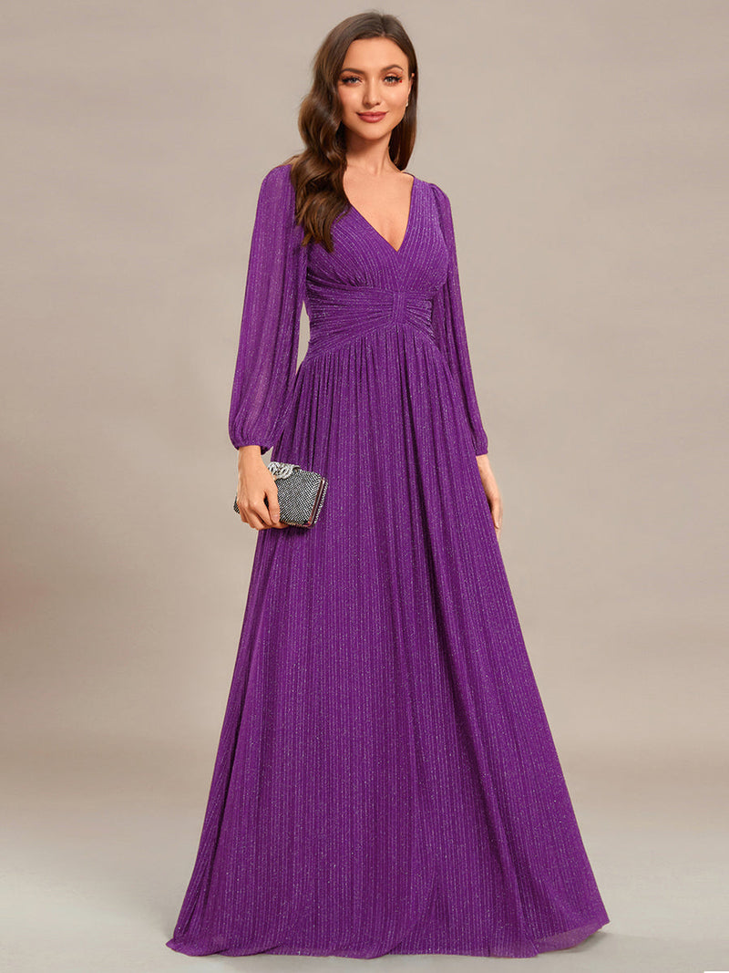 ever BRYM|Glittery Empire Waist Long Lantern Sleeves A-Line Evening Dress