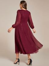ever EMBER|See-Through Long Sleeve Twist Knot A-Line Lotus Leaf Shimmering Evening Dress