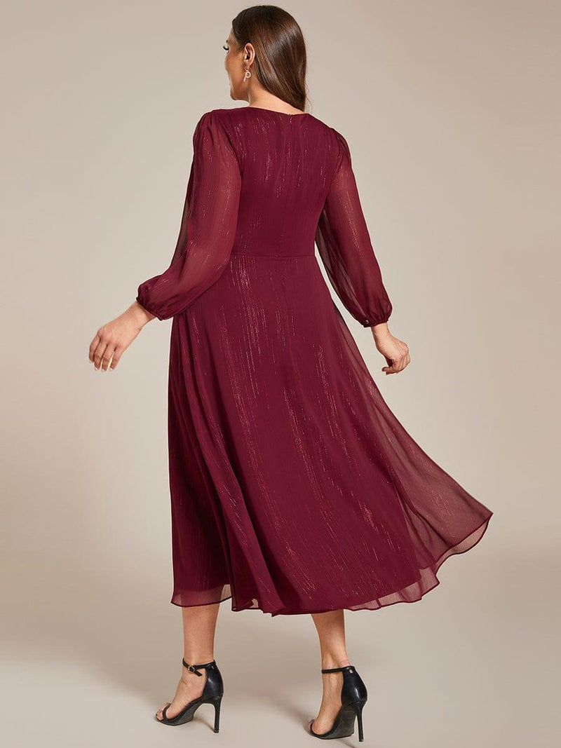 ever EMBER|See-Through Long Sleeve Twist Knot A-Line Lotus Leaf Shimmering Evening Dress