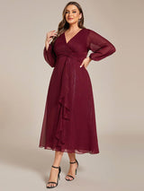 ever EMBER|See-Through Long Sleeve Twist Knot A-Line Lotus Leaf Shimmering Evening Dress