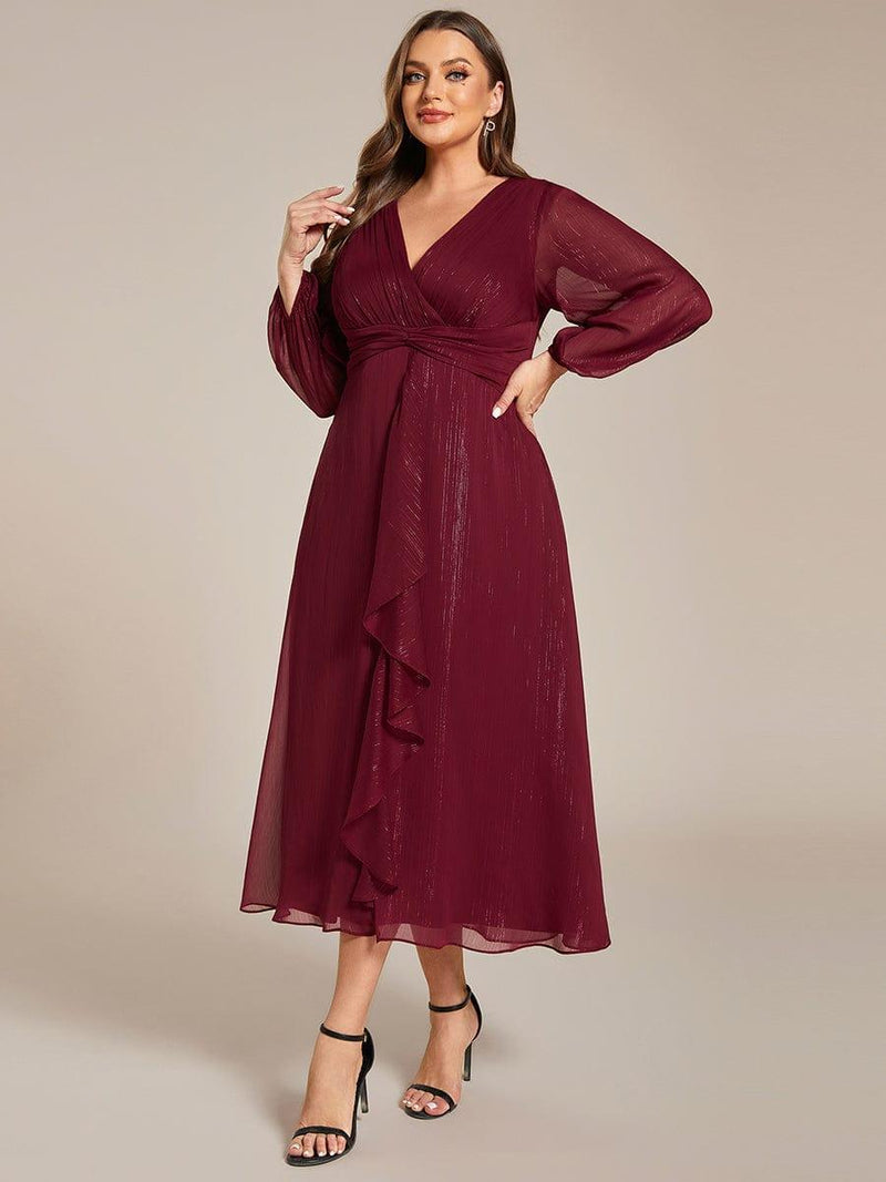 ever EMBER|See-Through Long Sleeve Twist Knot A-Line Lotus Leaf Shimmering Evening Dress